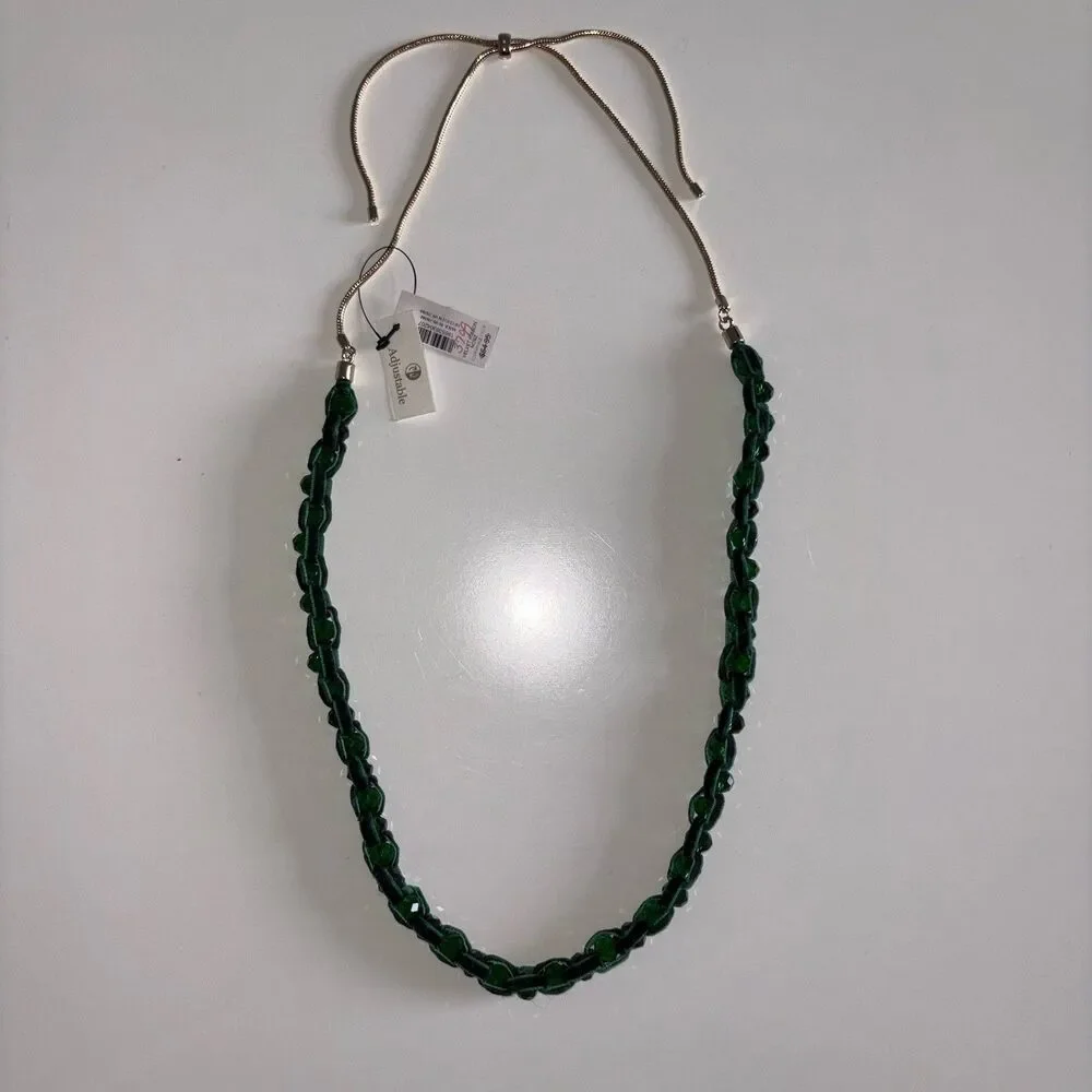 Chicos Green Velvet Ribbon & Gemstone Adjustable Necklace New Gold Tone Hardware